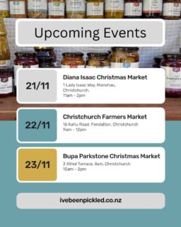 We’ll be out and about Friday, Saturday, and Sunday with all your favourite pickles, relishes, chutneys, sauces, and small-batch preserves!
#ivebeenpickled #christmasgiftideas #christchurchfarmersmarket #dianaisaacvillage #bupaparkstone