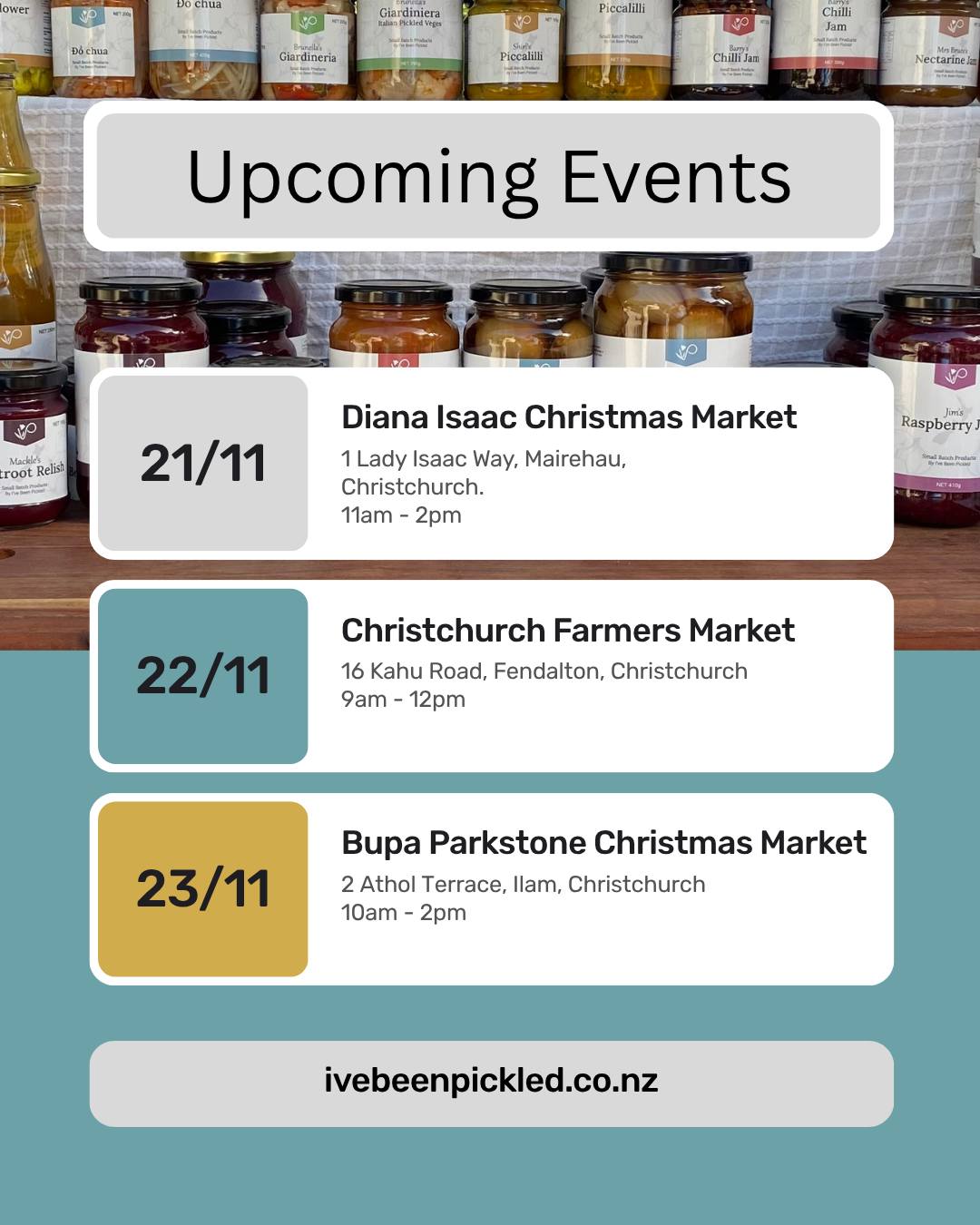 We’ll be out and about Friday, Saturday, and Sunday with all your favourite pickles, relishes, chutneys, sauces, and small-batch preserves!
#ivebeenpickled #christmasgiftideas #christchurchfarmersmarket #dianaisaacvillage #bupaparkstone