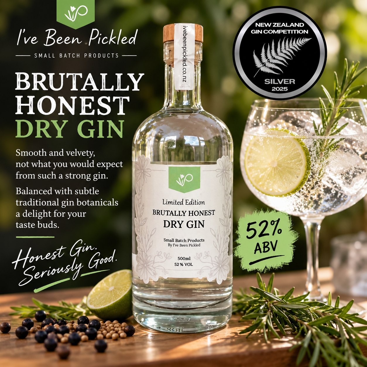 Our Brutally Honest Dry Gin packs a bold 52% ABV, yet delivers a surprisingly smooth, velvety finish. Subtle traditional gin botanicals create a beautifully balanced flavour that’s a real delight for the taste buds. Proud winner of Silver at the 2025 New Zealand Gin Competition. 

Brutally Honest by name. Seriously good by nature.

Find us at Christchurch Farmers Market every Saturday 9am - 12noon.

#IveBeenPickled #BrutallyHonestGin #AwardWinningGin #NZGin #CraftGin #NewZealandGin #SmallBatchGin #ChristchurchNZ #GinLovers #SupportLocalNZ