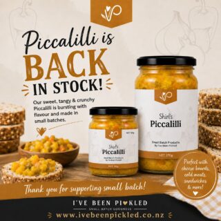 Our much-loved Shirl's Piccalilli is back in stock!

Made in small batches using a delicious blend of fresh vegetables and our signature tangy mustard sauce, it's the perfect addition to cheese boards, sandwiches, cold meats, burgers, and so much more.

Find us this Saturday at @christchurchfarmersmarket , or shop online through our website.

Thank you for continuing to support our small family business. Every jar is made with care, and we can't wait for you to enjoy this latest batch.

#IveBeenPickled #Piccalilli #SmallBatch #ChristchurchFarmersMarket #NZMade #SupportLocal #CheeseBoardGoals #CondimentLover