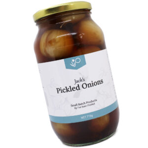 A jar of tangy pickled onions showcasing crisp, golden-brown onions perfect for sandwiches, salads, or cheese platters.