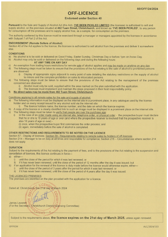 I've Been Pickled Ltd. alcohol license for handcrafted gin sales.