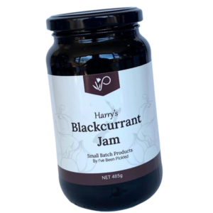 Jar of rich, deep purple blackcurrant jam made from New Zealand blackcurrants, bursting with tangy, fruity flavour, perfect for toast or scones.