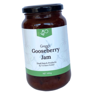 ar of golden-green gooseberry jam made from New Zealand-grown gooseberries, with a tangy, sweet flavour perfect for toast, pastries, or cheeseboards.